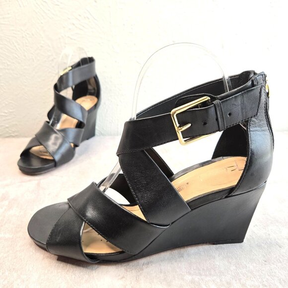 Clarks Strappy Wedge Sandals Sz 7.5 Black Leather Dressy Open Toe Comfort Heels - Picture 1 of 13